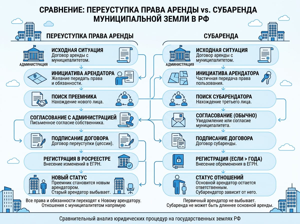 Схема: отличие переуступки права аренды от субаренды земельного участка