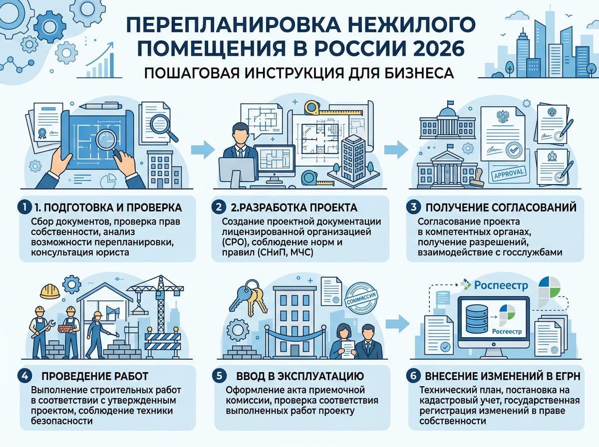 Пошаговая инфографика согласования перепланировки нежилого помещения