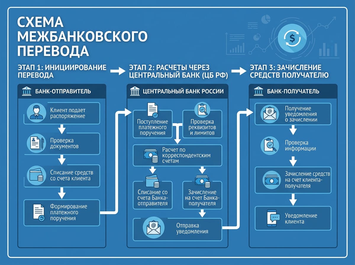 Схема маршрута перевода денежных средств между расчётными счетами через Банк России