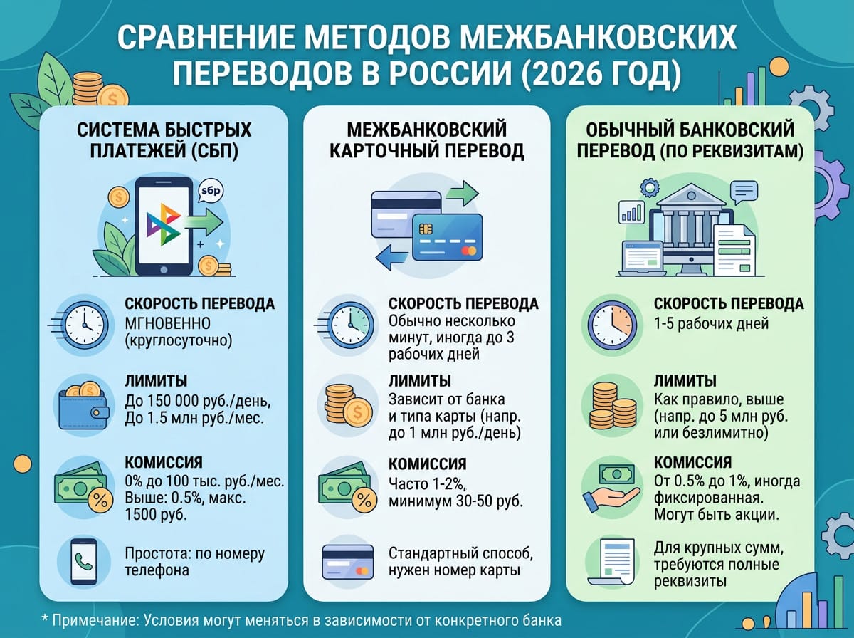 Сравнение СБП, межбанковского перевода и перевода с карты на карту — скорость, лимиты, комиссии 2026