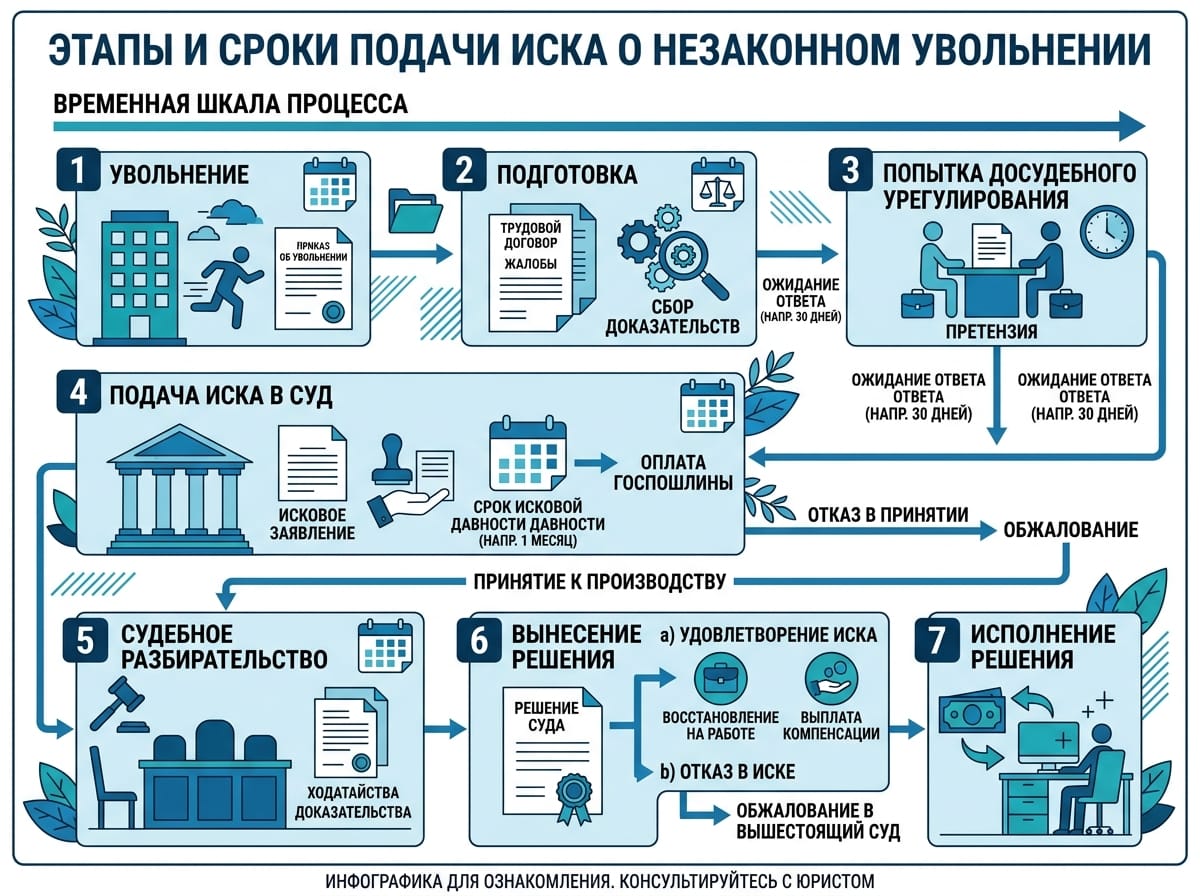 Схема сроков подачи искового заявления о незаконном увольнении