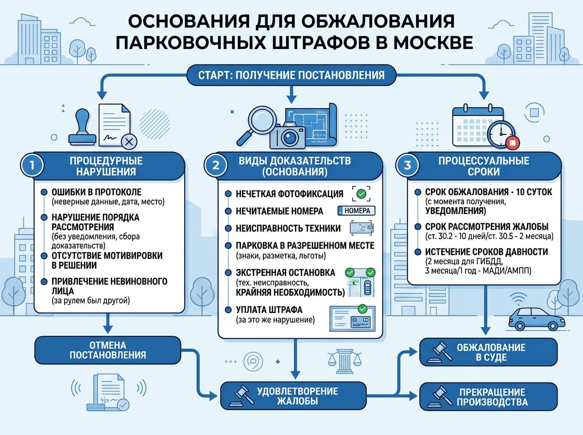 Схема оснований для оспаривания штрафа за парковку в Москве
