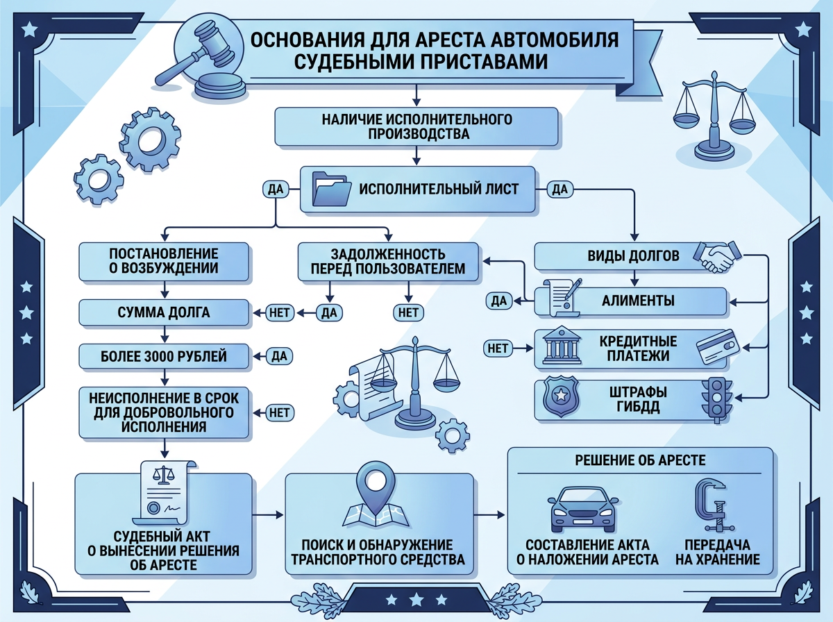 Схема оснований для ареста автомобиля судебными приставами