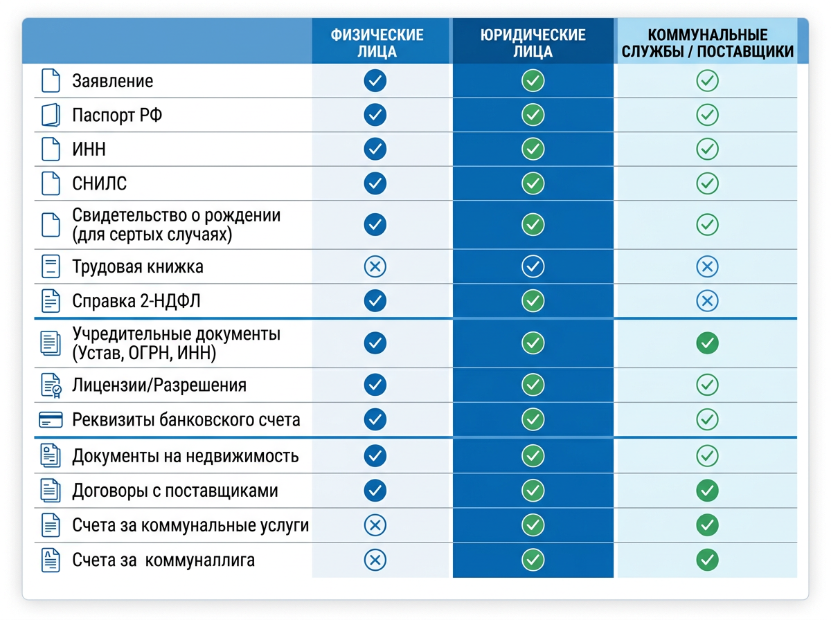 Таблица документов для разных категорий заявителей