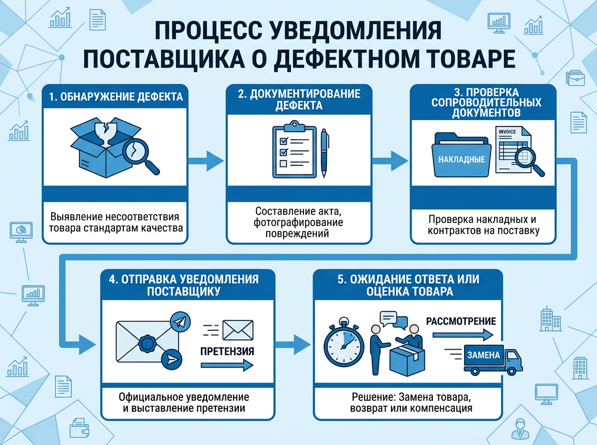 Пошаговая схема уведомления поставщика о недостатках товара
