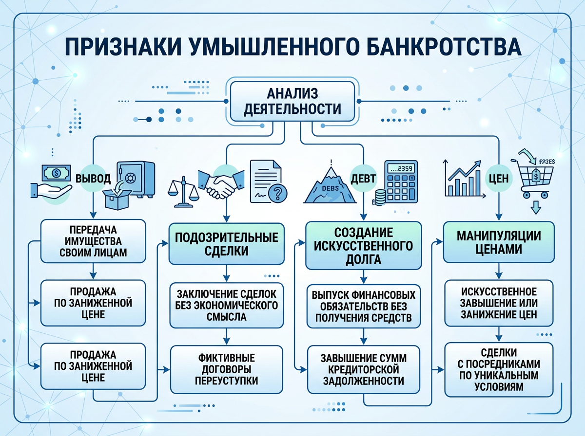 Схема признаков преднамеренного банкротства по статье 196 УК РФ