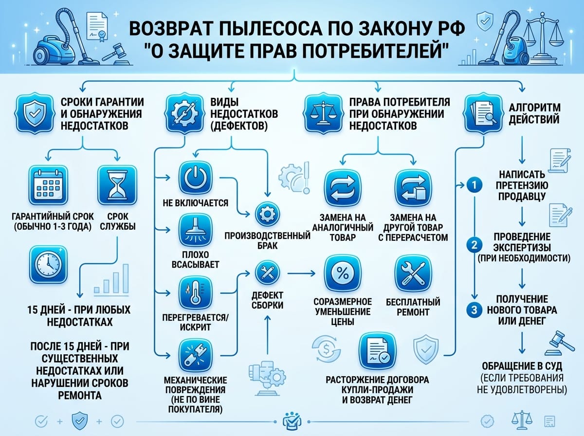 Схема оснований возврата неисправного пылесоса по закону РФ