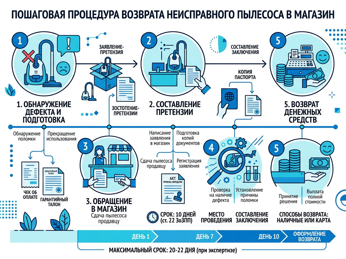 Пошаговая схема возврата денег за неисправный пылесос в магазин