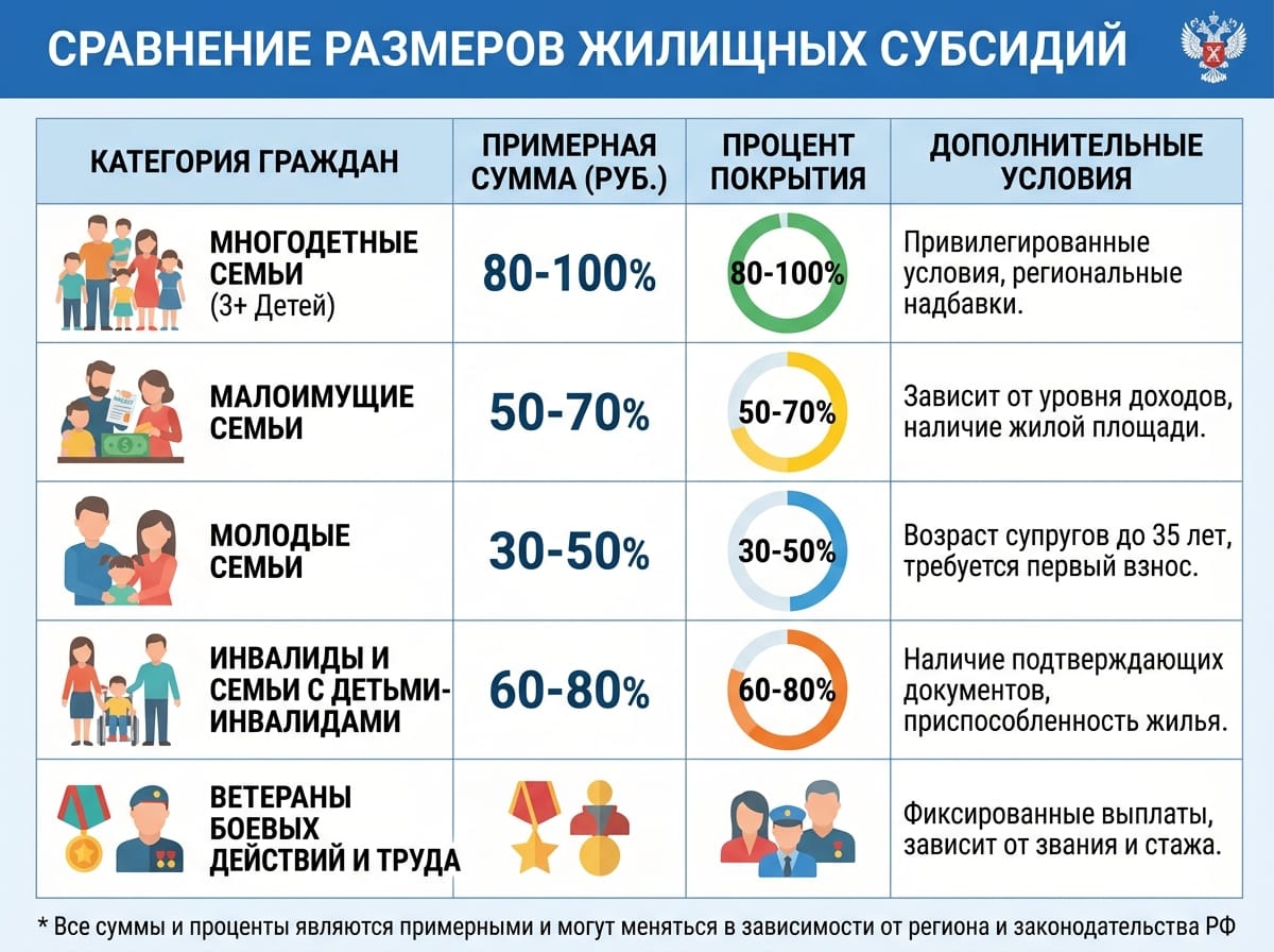 Таблица размеров жилищных субсидий по категориям получателей