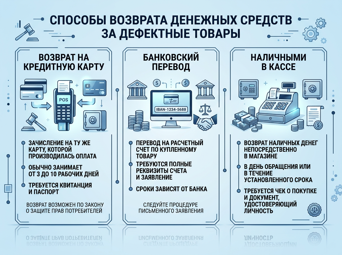 Инфографика способов возврата денег за товар ненадлежащего качества