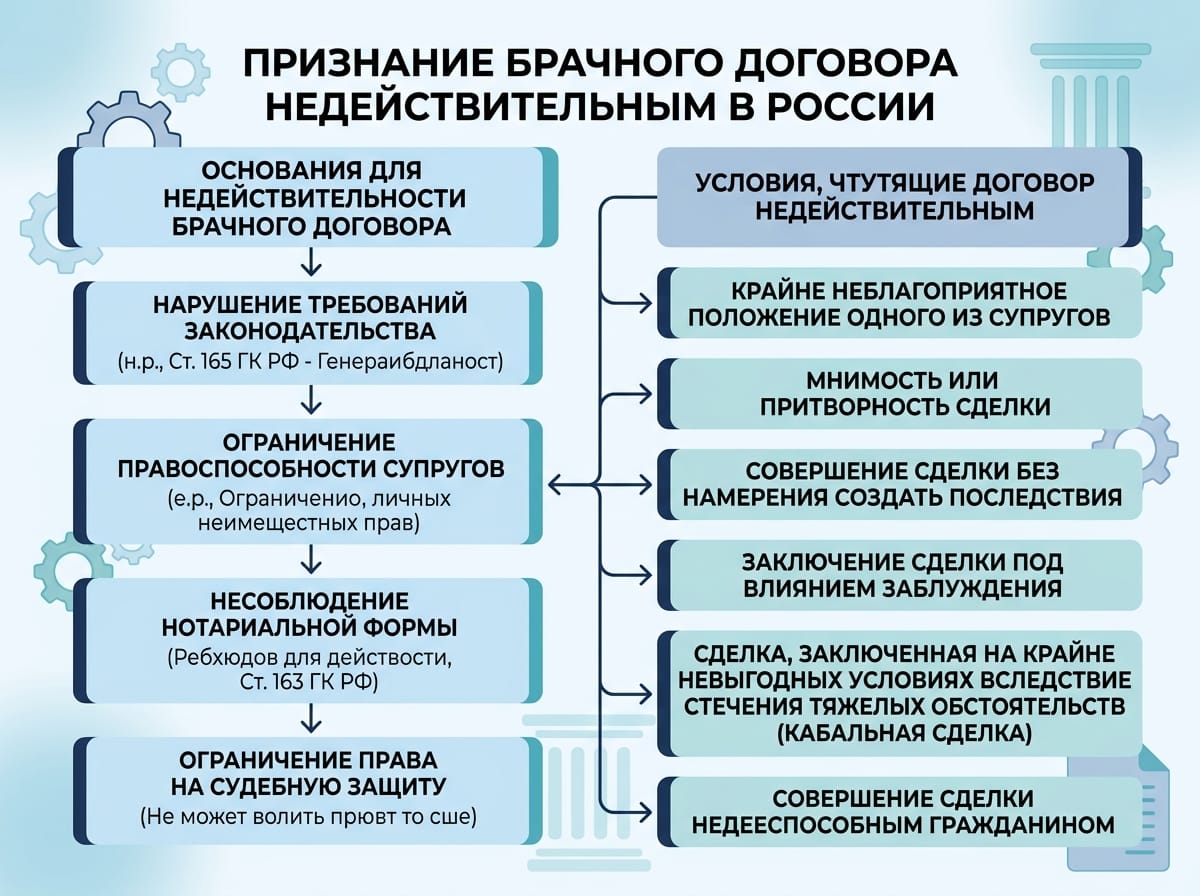 Схема оснований признания брачного договора недействительным по российскому законодательству