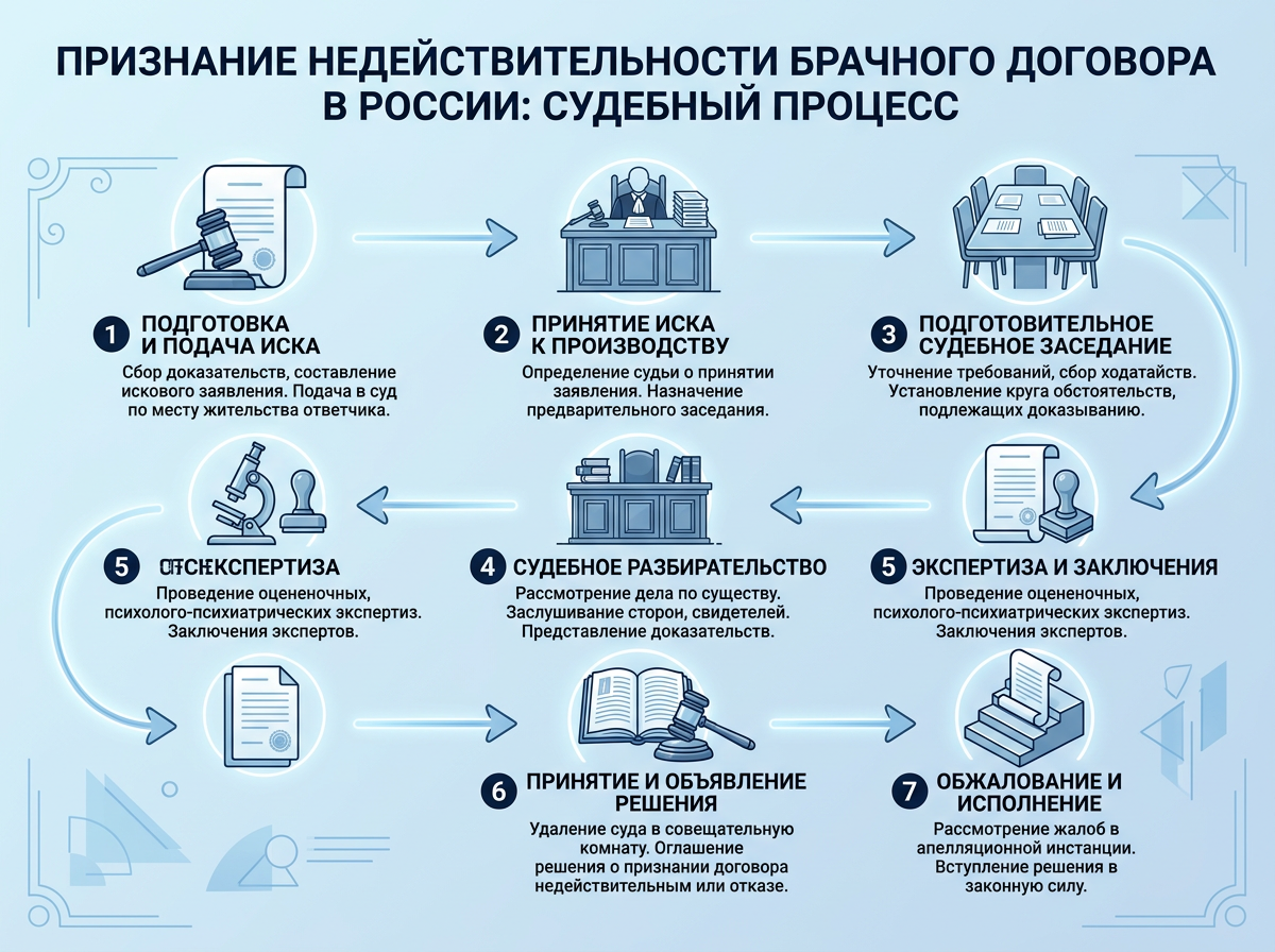 Пошаговая схема судебного процесса по признанию брачного договора недействительным в России