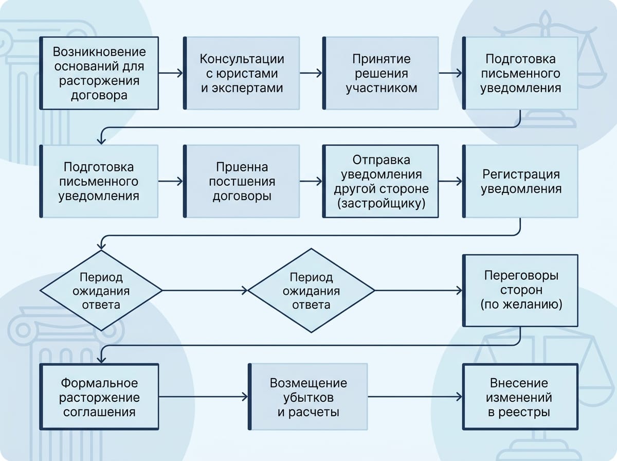 Схема процедуры одностороннего расторжения договора долевого участия дольщиком