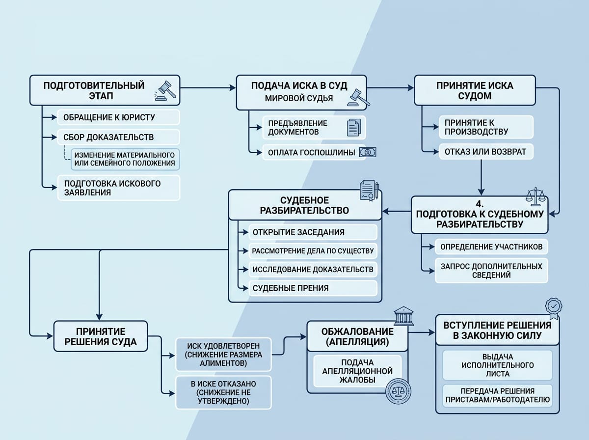 Схема судебного процесса по изменению размера алиментов
