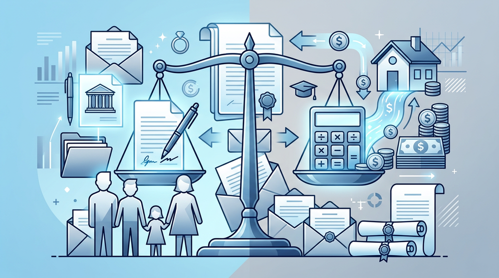 Схема алиментных обязательств: весы правосудия с семейными фигурами и денежными потоками